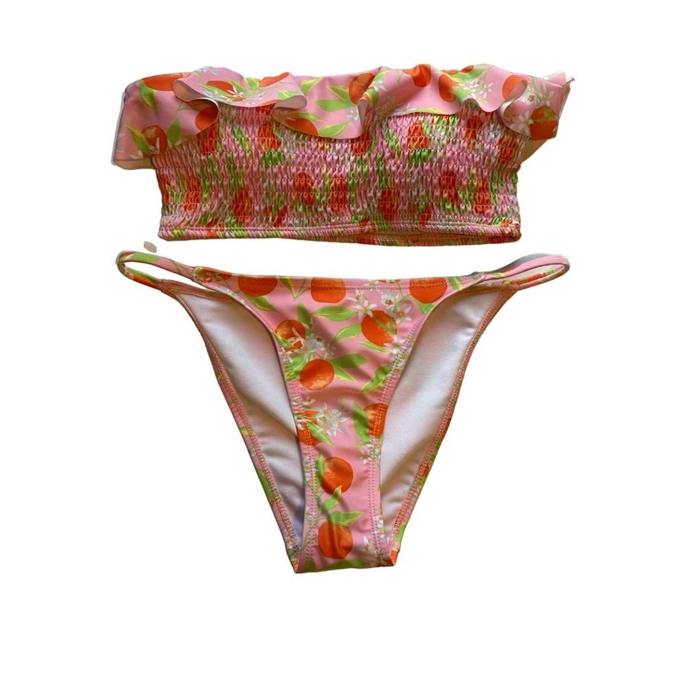 NWT La La Swim Women Orange Fruit Ruffle Strapless Bikini Two Piece‎ Swimsuit